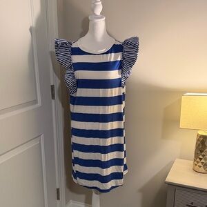 Blue and White Striped Ruffle Sleeve Dress